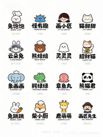 jimeng-2026-07-12-2516-用途：生成卡通吉祥物与个人品牌_Logo_合集展示板_用户输入：_品牌名称列表：...