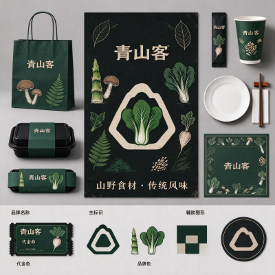 jimeng-2026-09-29-3916-餐饮品牌VIS设计，大师作品，精致排版，简约高级，品牌名称“青山客”，品牌颜色墨...