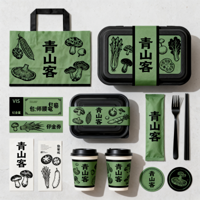 jimeng-2026-09-29-2554-餐饮品牌VIS设计，大师作品，精致排版，简约高级，品牌名称“青山客”，品牌颜色墨...