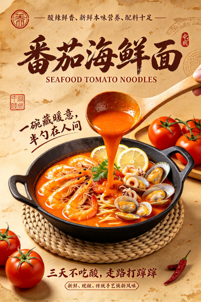 竖版中式面馆美食海报，做旧泛黄牛皮纸质感背景，带有中式印章、复古纹理-1