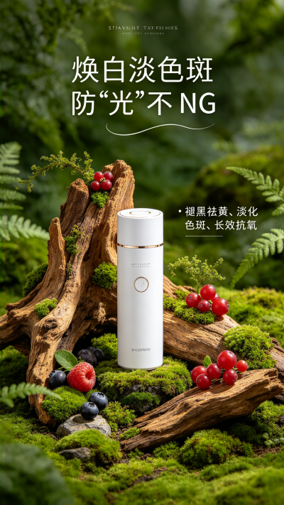 一款白色黑头仪” 宣传图，以自然森系风格呈现-1