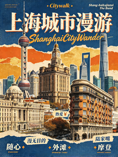 上海城市漫游主题拼贴海报，画面融合了东方明珠广播电视塔-1