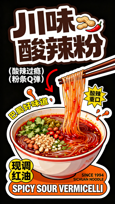 酸辣红油飞溅与粉条弹跳曲线 异形牌风格美食促销海报-2