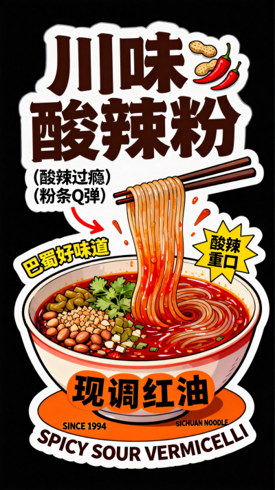 酸辣红油飞溅与粉条弹跳曲线 异形牌风格美食促销海报-1