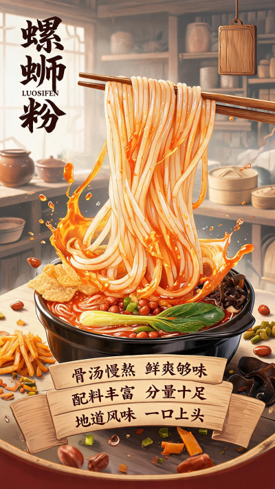 竖版国潮风美食插画海报，新中式风格，中式虚化古朴厨房背景-1