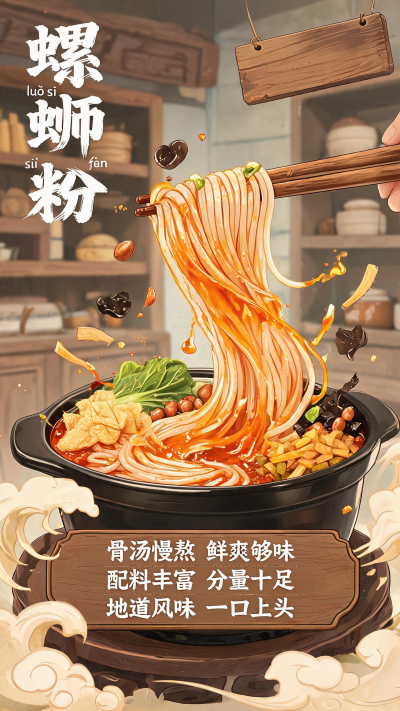 竖版国潮风美食插画海报，新中式风格，中式虚化古朴厨房背景-2