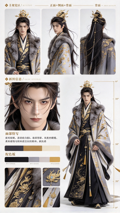 jimeng-2026-09-29-1472-人物形象提示词：（三视图）_1.主视觉区_(上方)以__正面_+_侧面_+_背面...