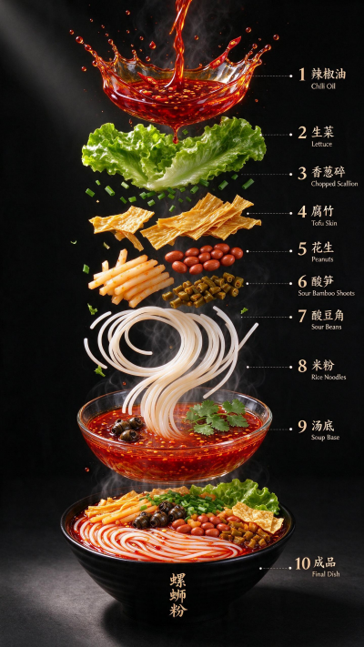 一份螺蛳粉的分解图 以垂直展开视图呈现 采用超详细的商业食品摄影风格。-1