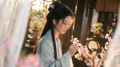 超写实真人古装电影画面 中国古典美学，江南庭院，春日桃花 年轻清秀的东方女子-2